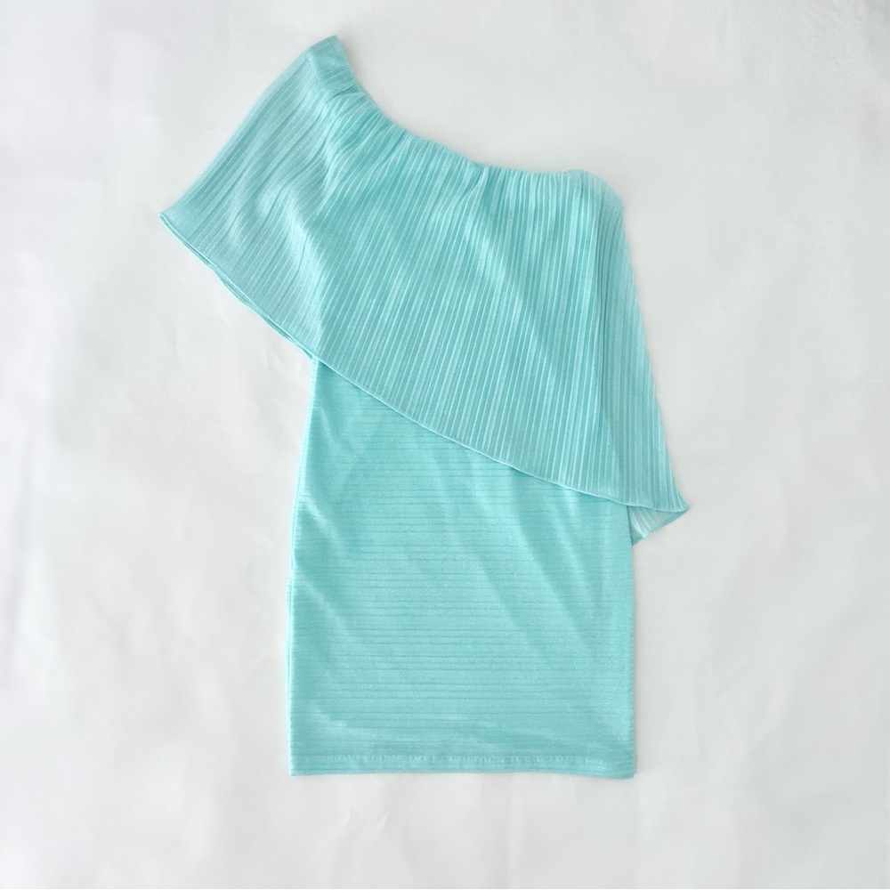 NWT Windsor Sparkly Glitter One Shoulder Sheer Flounce Bodycon Mini Dress Mint 2